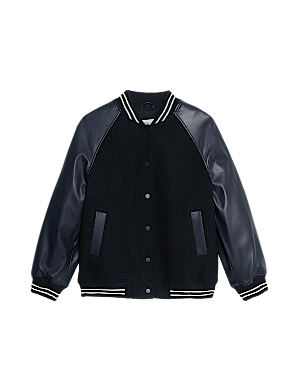 Faux Leather Relaxed College Bomber Jacket