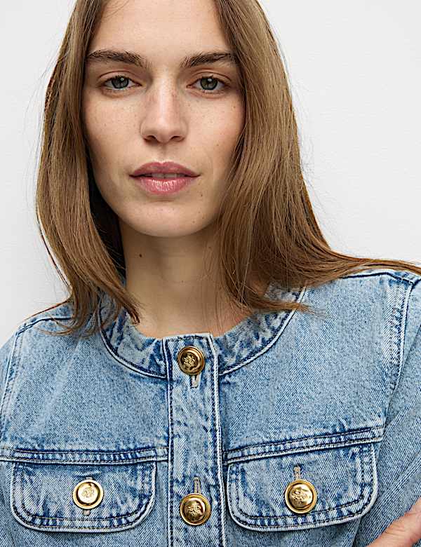 Denim Collarless Short Jacket