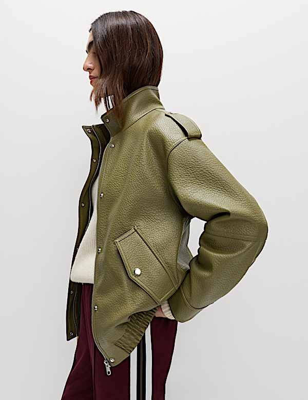 Faux Leather Textured Longline Bomber Jacket - ES