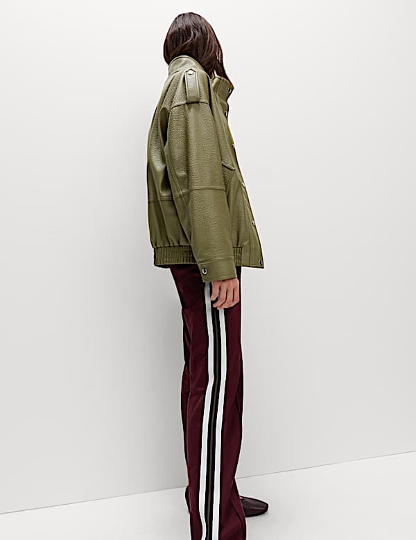 Faux Leather Textured Longline Bomber Jacket - GR