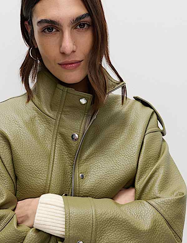 Faux Leather Textured Longline Bomber Jacket - GR