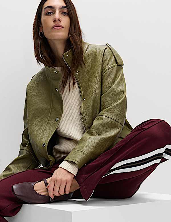 Faux Leather Textured Longline Bomber Jacket - GR