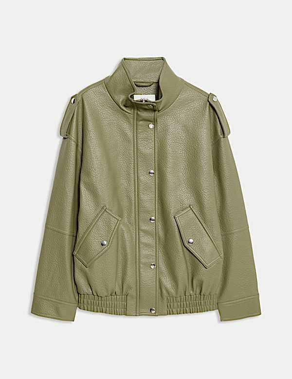 Faux Leather Textured Longline Bomber Jacket - GR