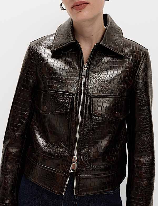 Faux Leather Croc Harrington Jacket
