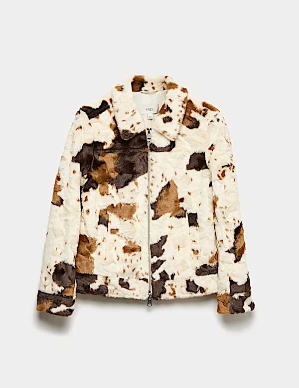 Faux Fur Cow Print Trucker Jacket - US