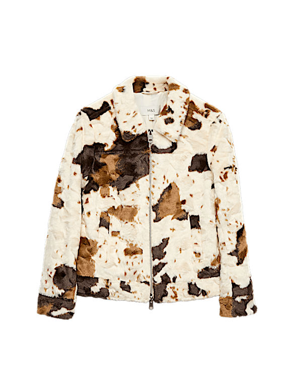 Faux Fur Cow Print Trucker Jacket