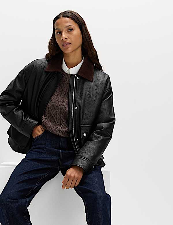 Veste matelassée en similicuir à col en velours côtelé - LU