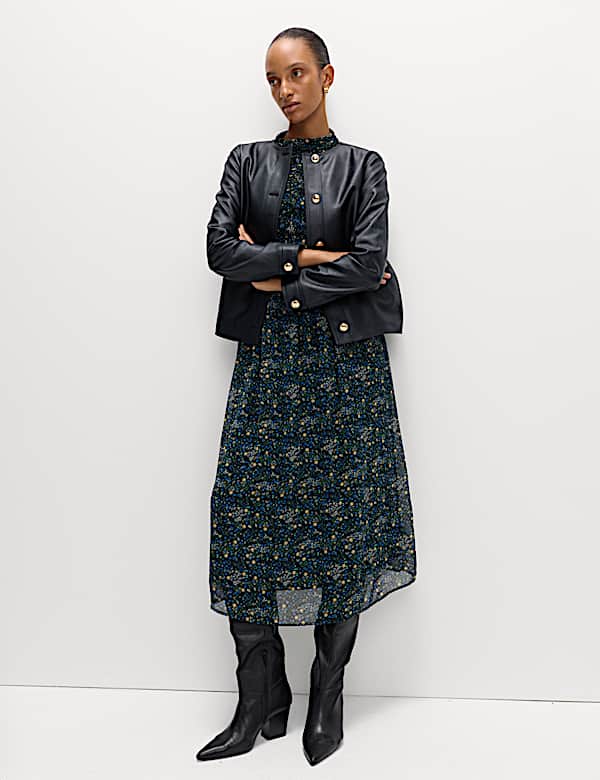 Faux Leather Collarless Jacket - IL