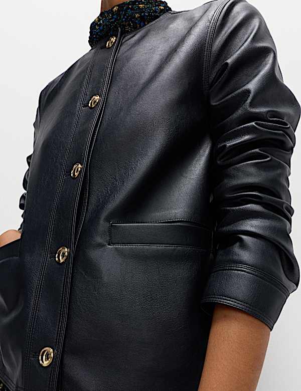 Faux Leather Collarless Jacket - IL