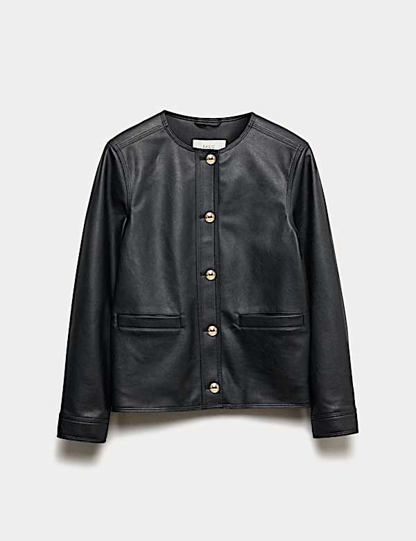 Faux Leather Collarless Jacket - IL