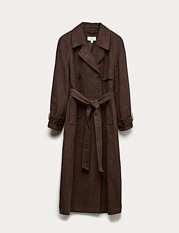 Double Breasted Longline Suedette Trench Coat - NZ