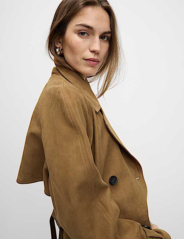 Double Breasted Longline Suedette Trench Coat - GR