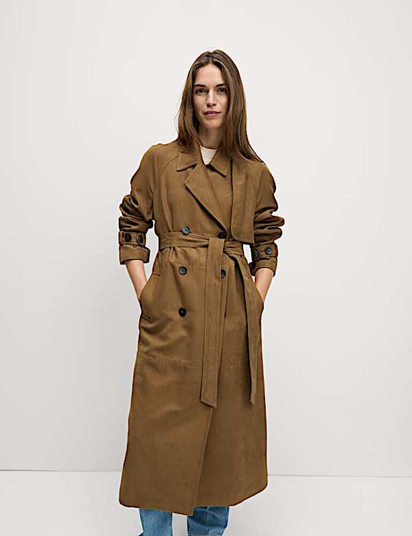 Double Breasted Longline Suedette Trench Coat - GR