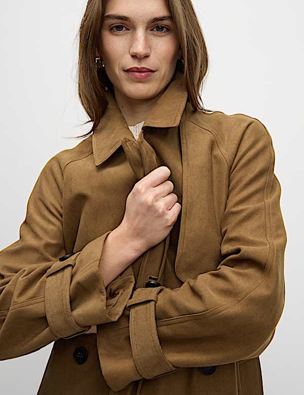 Double Breasted Longline Suedette Trench Coat - GR