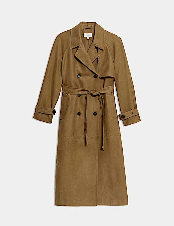 Double Breasted Longline Suedette Trench Coat - GR