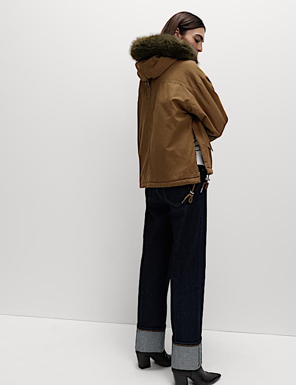 מעיל פארקה מכותנה טהורה עם גימור דמוי פרווה - IL