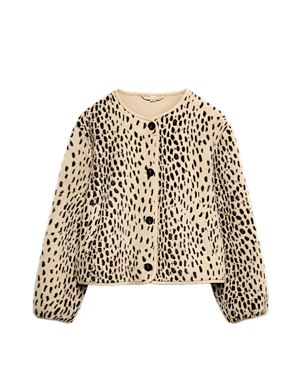 Faux Fur Animal Print Collarless Jacket