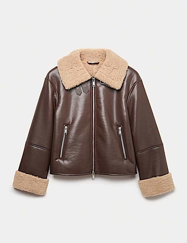 Faux Shearling Buckle Detail Aviator Jacket - DE