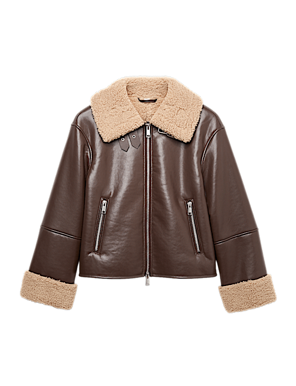 Faux Shearling Buckle Detail Aviator Jacket