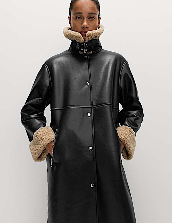 Faux Shearling Collared Longline Aviator Coat - DK