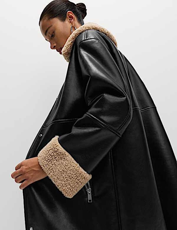 מעיל טייסים מצמר מלאכותי בגזרה ארוכה עם צווארון - IL