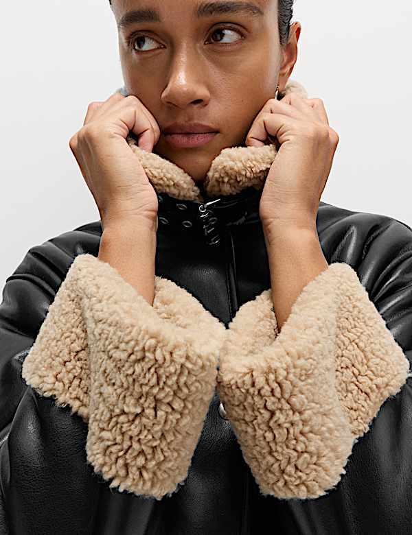 מעיל טייסים מצמר מלאכותי בגזרה ארוכה עם צווארון - IL