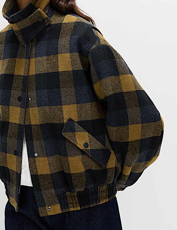 Checked Collared Bomber Jacket with Wool - ES