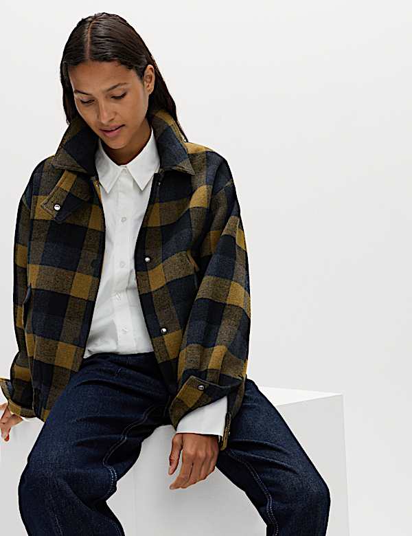 Checked Collared Bomber Jacket with Wool - ES