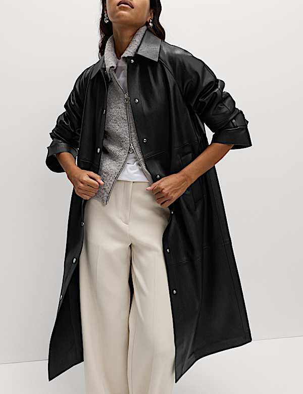 Faux Leather Collared Longline Car Coat - CH
