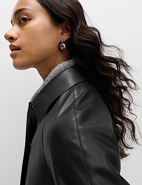 Faux Leather Collared Longline Car Coat