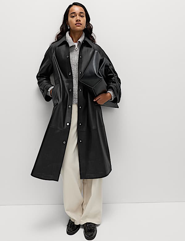 Faux Leather Collared Longline Car Coat