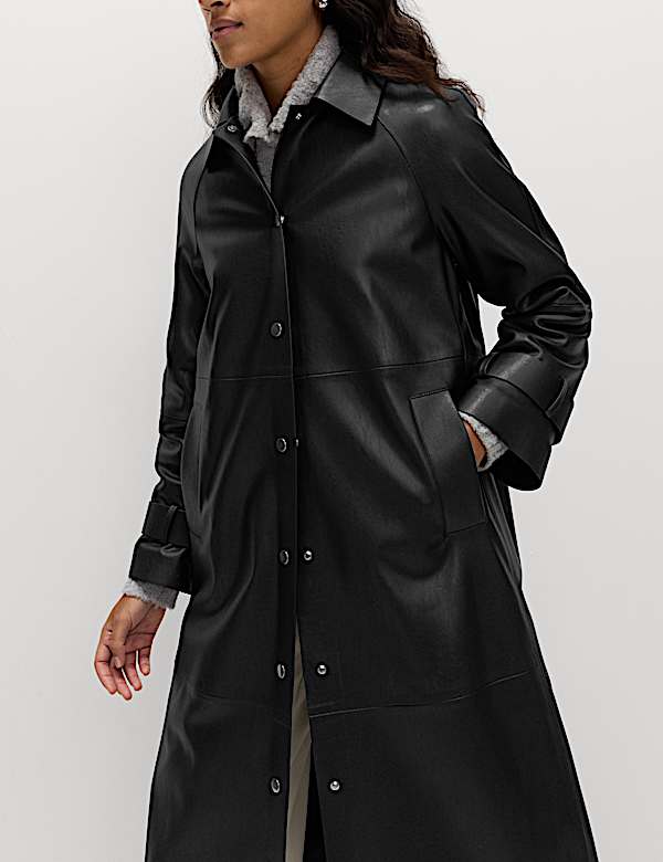 Faux Leather Collared Longline Car Coat
