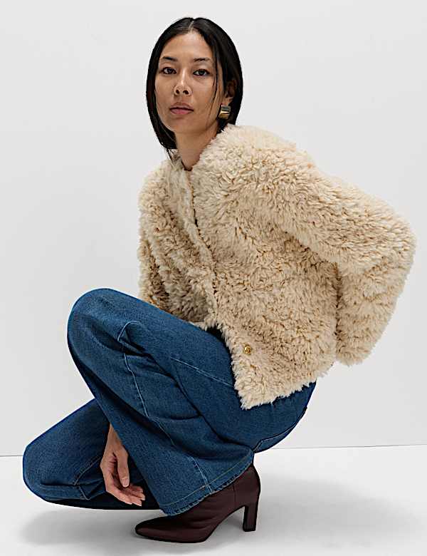 Faux Fur Textured Collarless Short Jacket - US