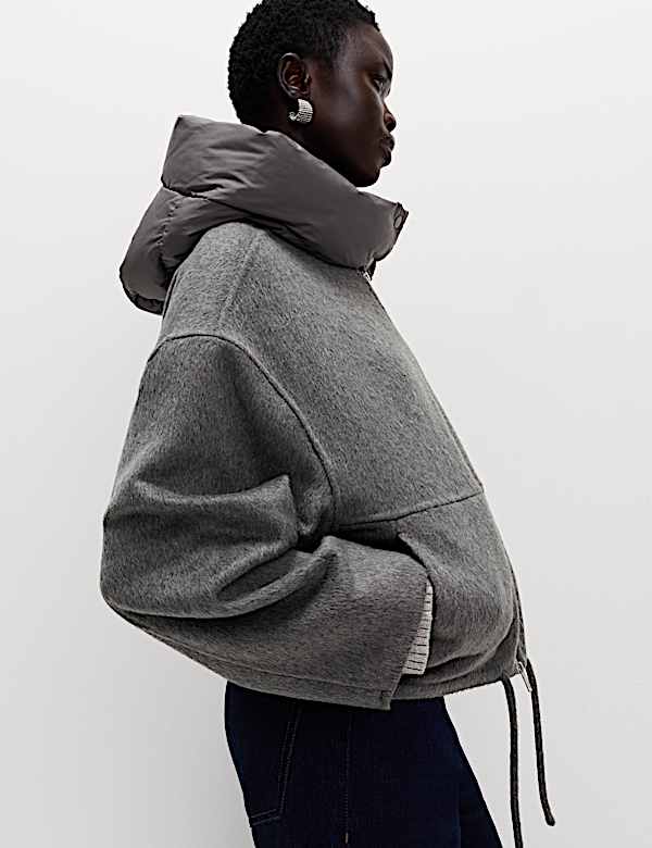 Wool Blend Textured Padded Hood Jacket - US