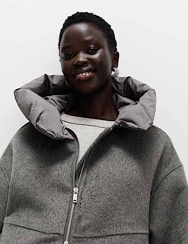 Wool Blend Textured Padded Hood Jacket - US