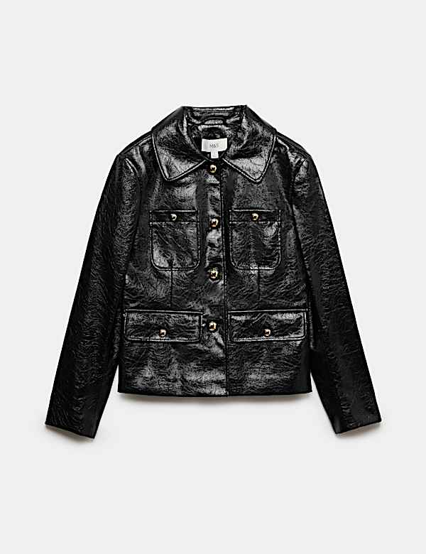 Faux Leather High Shine Collared Jacket - VN