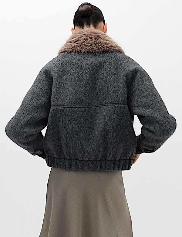 Wool Blend Faux Fur Trim Bomber Jacket - MX