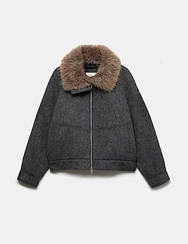 Wool Blend Faux Fur Trim Bomber Jacket - MX