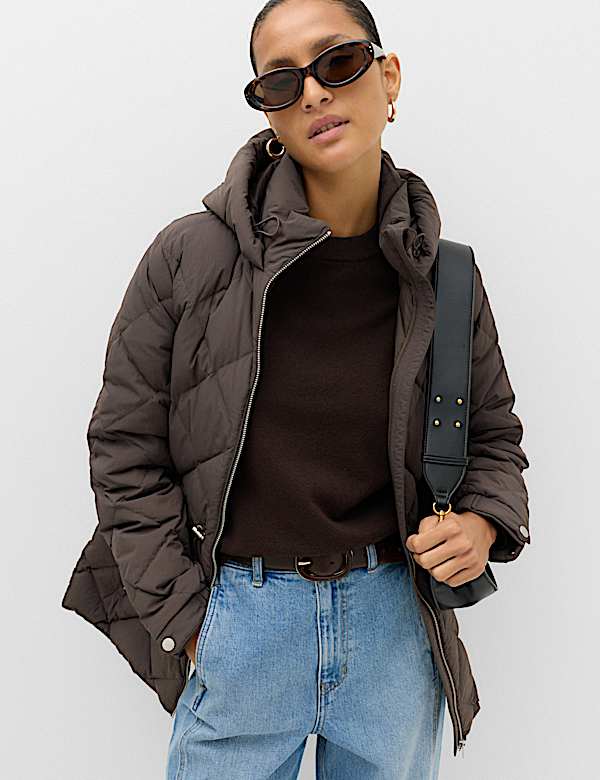 Feather & Down Diamond Quilted Hooded Jacket