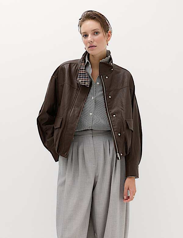 Veste d&rsquo;aviateur en simili cuir carreaux et &agrave; col chemin&eacute;e - CH