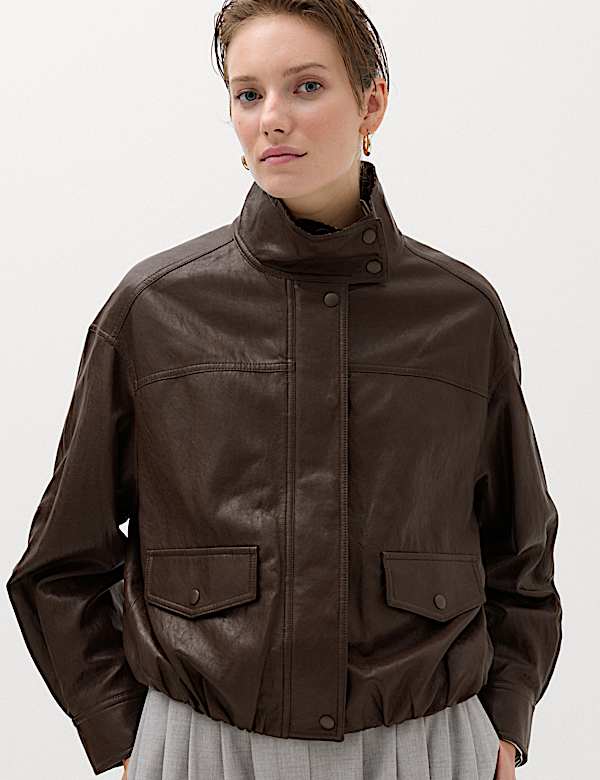 Veste d&rsquo;aviateur en simili cuir carreaux et &agrave; col chemin&eacute;e - CH