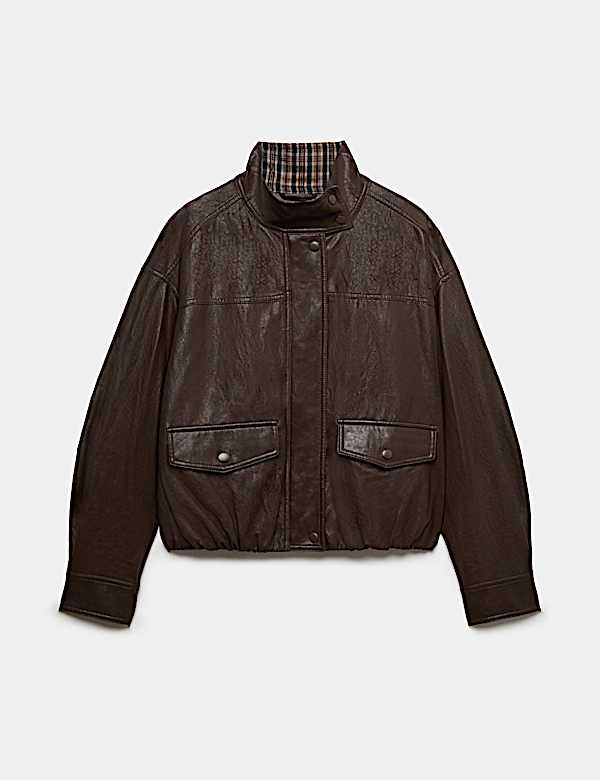 Veste d&rsquo;aviateur en simili cuir carreaux et &agrave; col chemin&eacute;e - CH