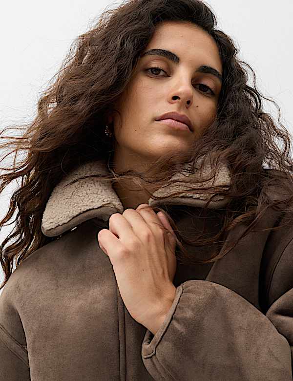 Faux Shearling Zip Up Bomber Jacket - NO