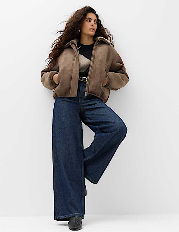 Faux Shearling Zip Up Bomber Jacket - NO