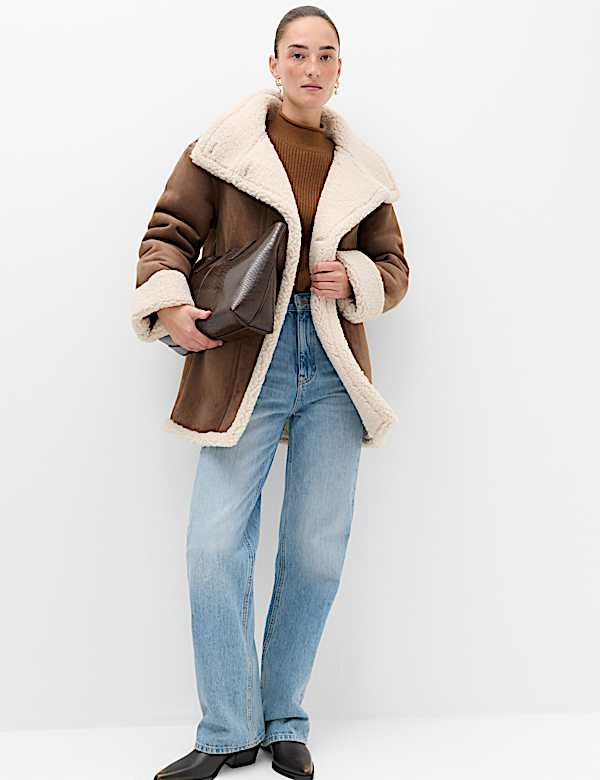 Suedette Shearling Funnel Neck Coat - US