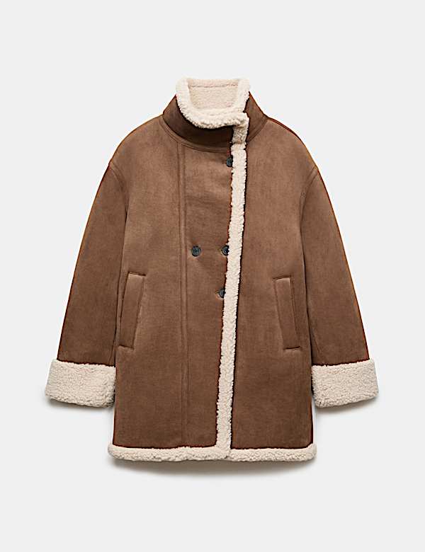 Suedette Shearling Funnel Neck Coat - US