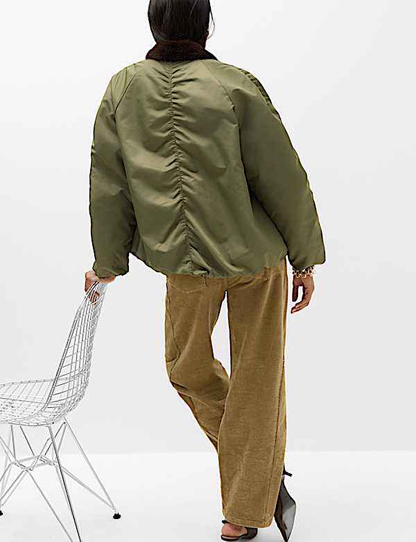 Satin Padded Faux Fur Lined Bomber Jacket - KR