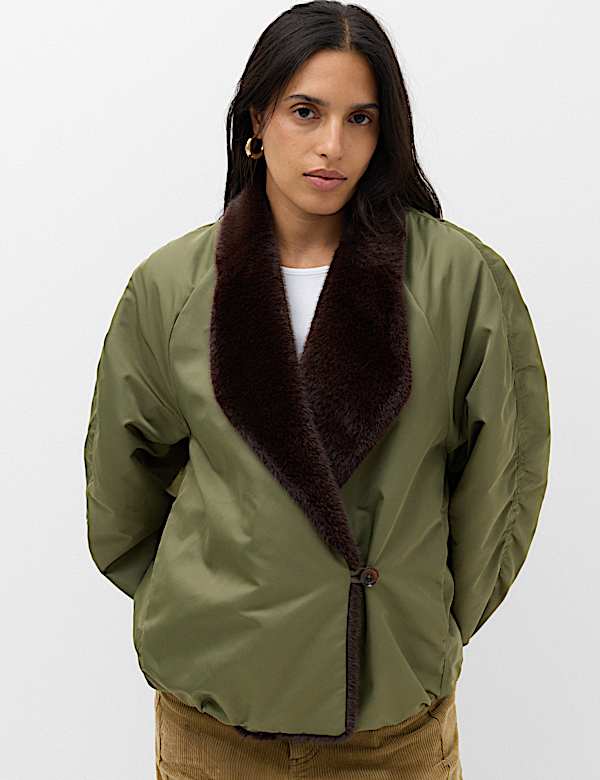 Satin Padded Faux Fur Lined Bomber Jacket - KR