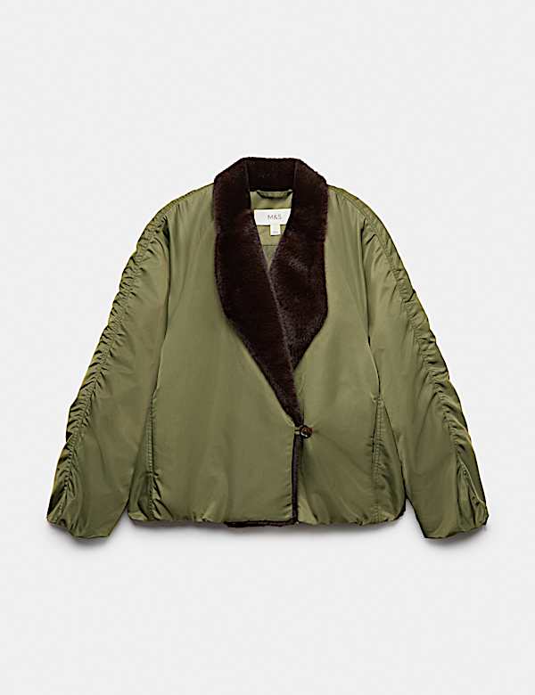 Satin Padded Faux Fur Lined Bomber Jacket - KR