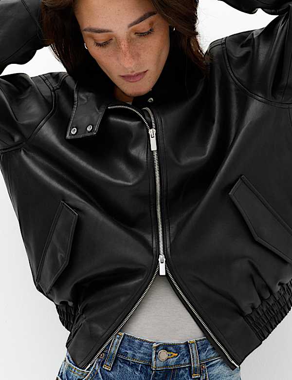 Faux Leather Funnel Neck Bomber Jacket - UA